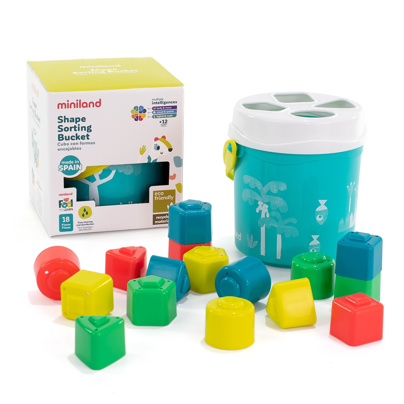 MINILAND Feel to Learn: Shape Sorting Bucket, Turquoise, 18 Pieces/Set (MLE97341)