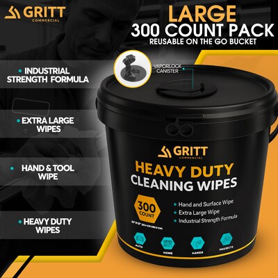 Gritt Commercial Heavy-Duty Multi-Surface Hand & Tool Cleaning Wipes, 10" x 12", 300 Count (GRI6-300)