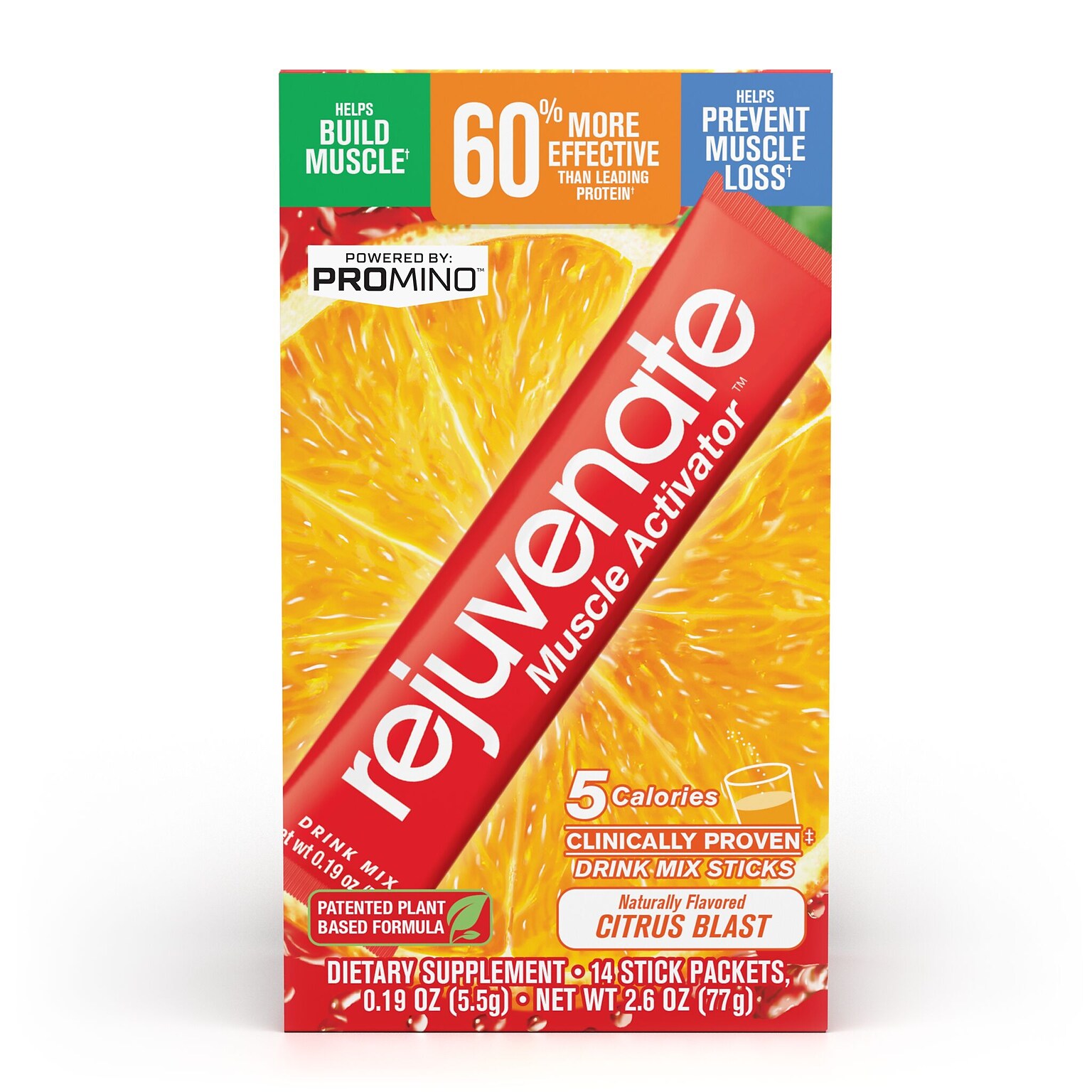 Rejuvenate Muscle Activator Drink Mix Sticks, Single Serving Protein Powder Packets to Go - Citrus Blast, 14 Count
