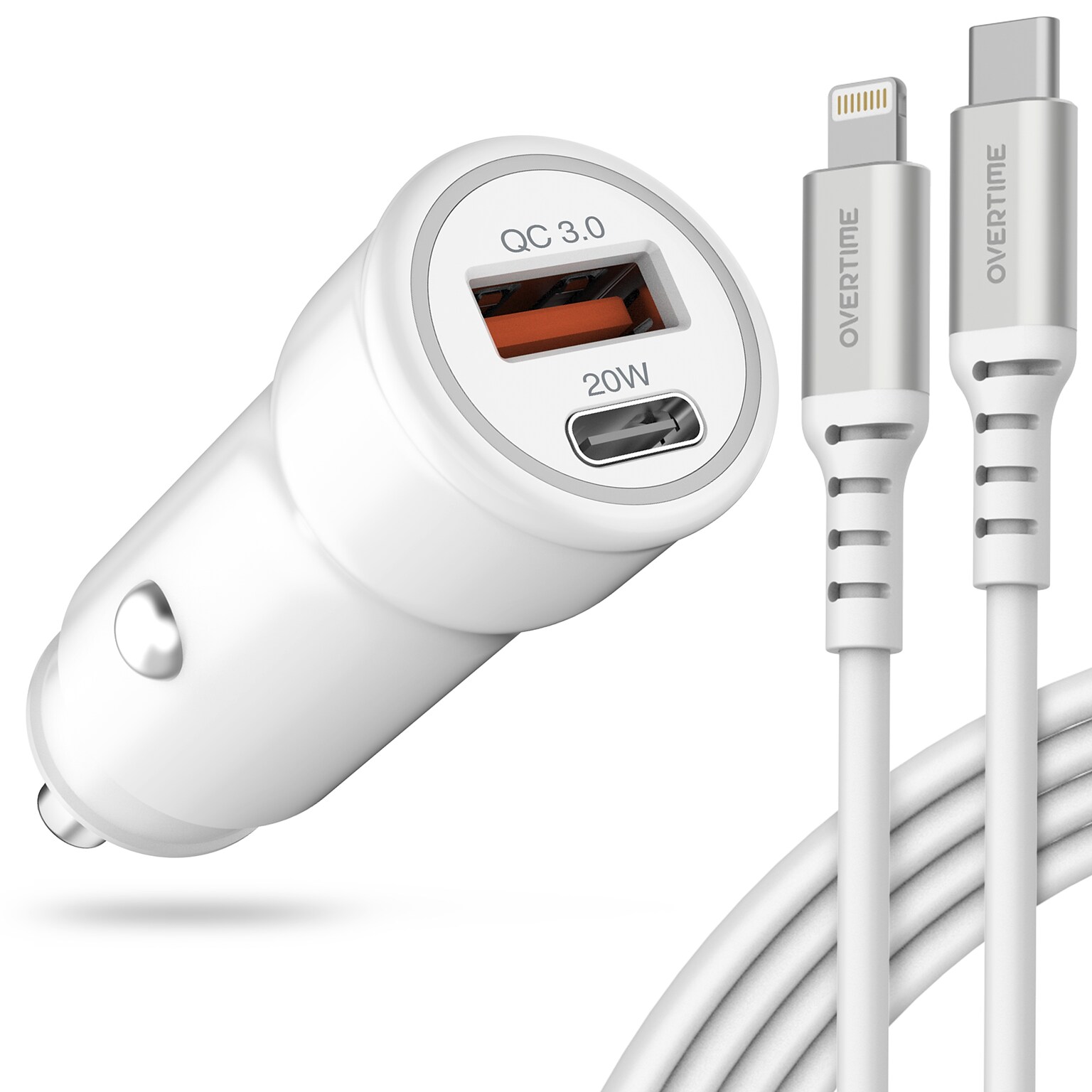 Overtime 38W Dual Port Car Charger & USB-C to Lightning Cable Bundle, White (OTC2PD6IP)