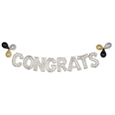 Party City Air Filled 16 Congrats Foil Letter Balloon Banner, Silver/Gold, 8/Pack (AM110937-NS)