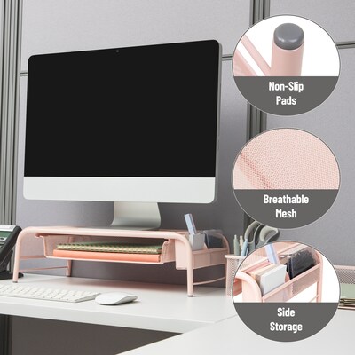 Mind Reader Monitor Stand with Paper Tray, Metal, Pink (MESHMONSTA-PNK)