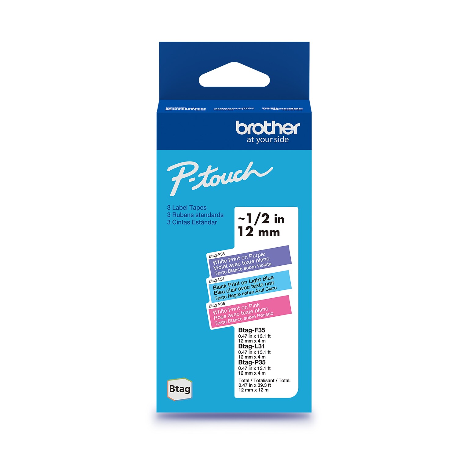 Brother P-touch Btag Label Tape, 1/2 x 13.1 (12mm x 4m), White/Purple, Black/Light Blue, White/Pink, 3/Pack