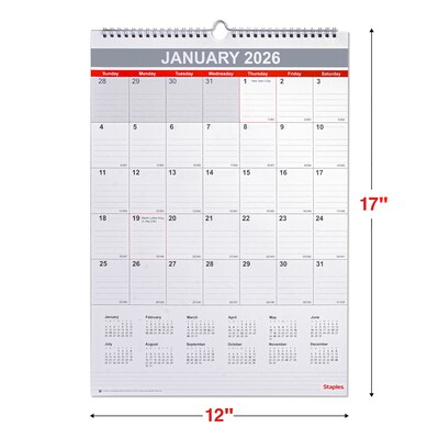 2026 Staples 12" x 17" Monthly Wall Calendar, White/Red/Gay (ST53913-26)