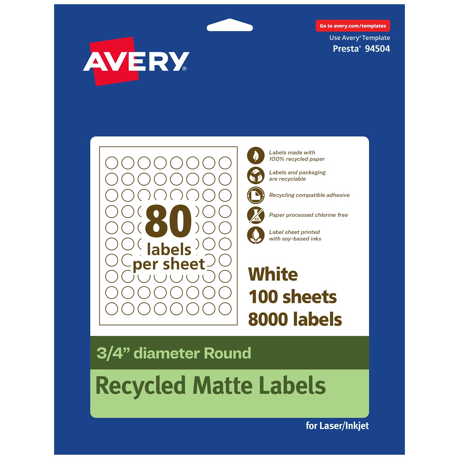Avery EcoFriendly Laser/Inkjet Multipurpose Labels, 3/4 diameter, White, 8000/Box (94504)