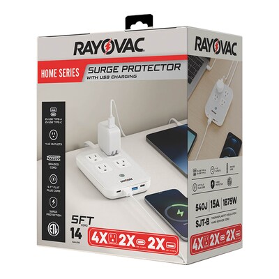RAYOVAC 4-Outlet 4-USB Port Surge Protector Power Strip with Braided Cord & Flat Plug, 5-ft., 540 Joules, White (SS-P319)