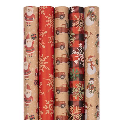 JAM Paper® Kraft Wrapping Paper Rolls - 125 sq ft. - Kraft Christmas Set - 5 Rolls/Pack