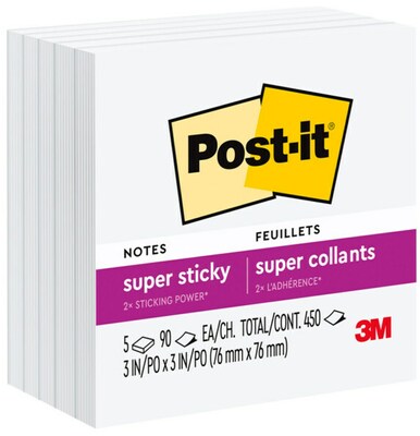 Post-it Super Sticky Notes, 3 x 3, White, 90 Sheets/Pad, 5 Pads/Pack (654-5SSW)