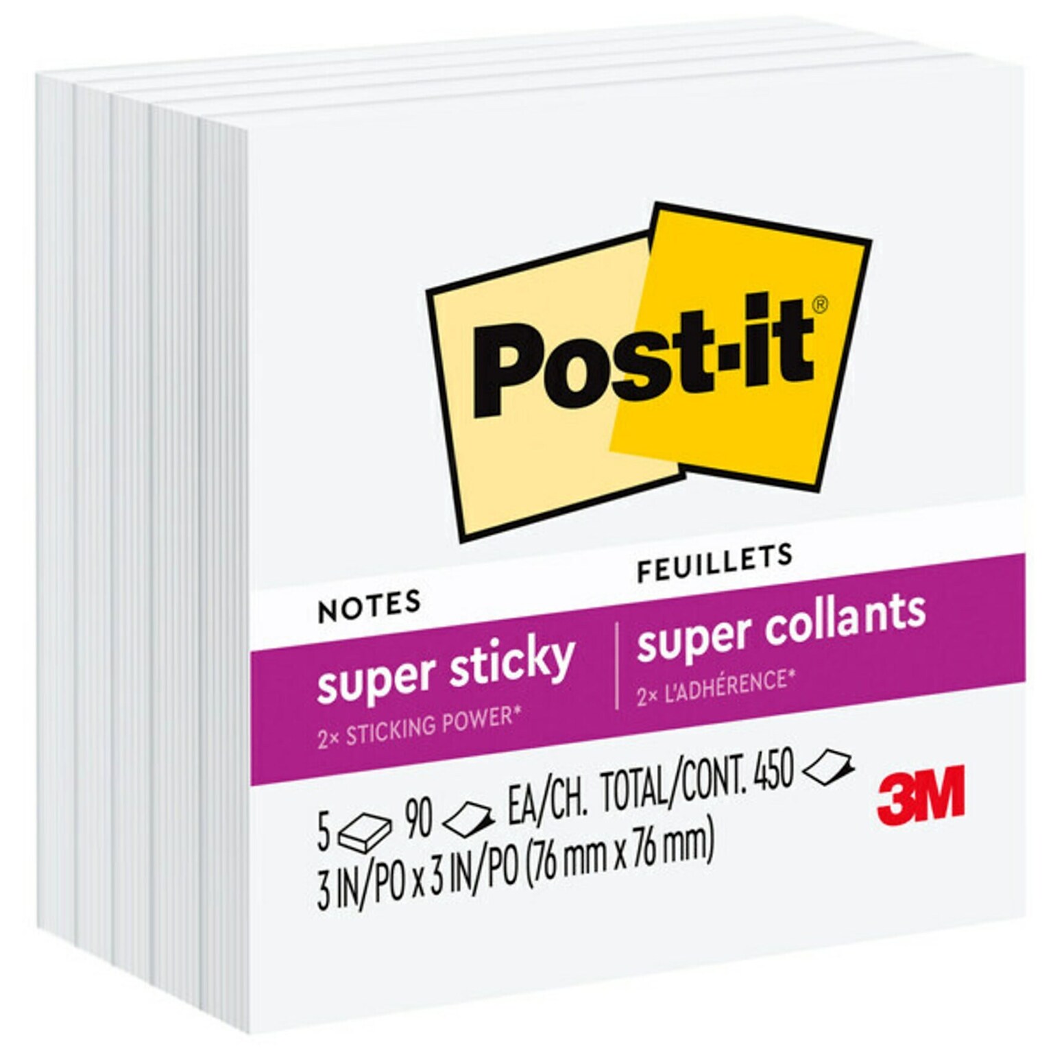 Post-it Super Sticky Notes, 3 x 3, White, 90 Sheets/Pad, 5 Pads/Pack (654-5SSW)