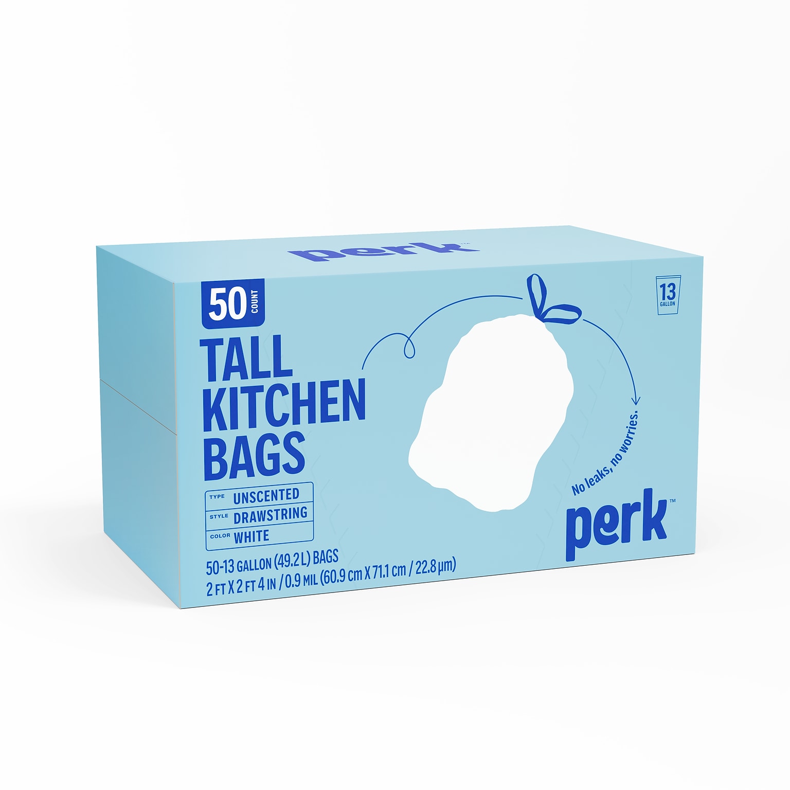Perk™ 13 Gallon Kitchen Trash Bag, 28 x 24, Low Density, 0.9 mil, White, 50 Bags/Box (PK56745)