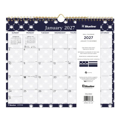 2027 Blueline Nautical 15" x 12" Monthly Wall Calendar, White/Navy (C171113-27)