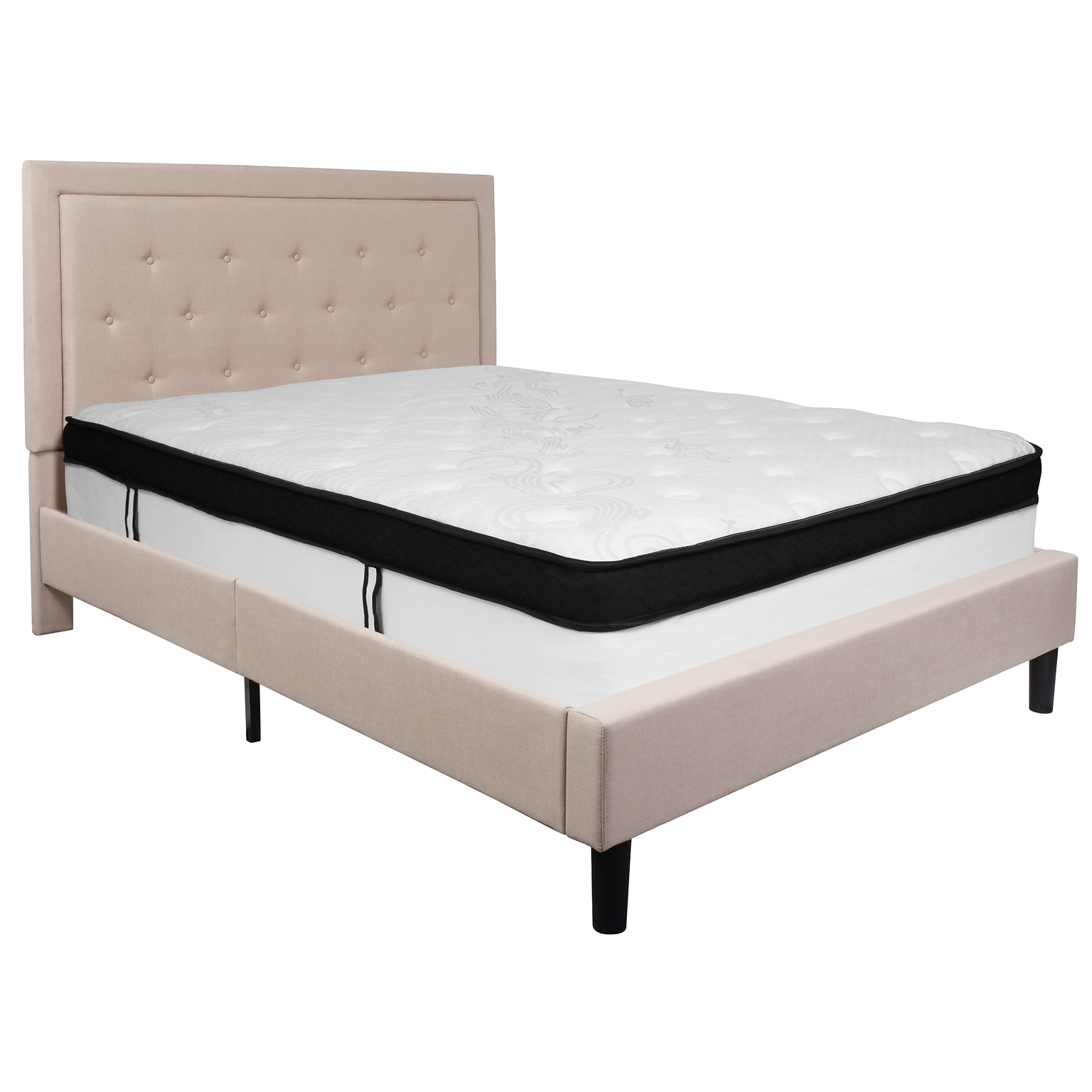 Flash Furniture Roxbury Tufted Upholstered Platform Bed in Beige Fabric with Memory Foam Mattress, Queen (SLBMF19)
