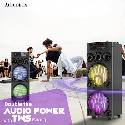 Audiobox Wireless Bluetooth Party Speaker with Dual 8-In. Woofers, Lights, Wireless Mics, WaveSync & Remote, Black (ABX-8080R)