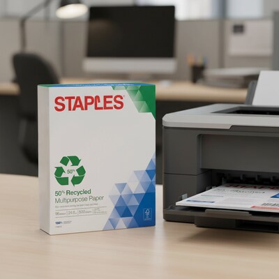 Staples 50% Recycled 8.5 x 11 Multipurpose Paper, 24 lbs., 96 Brightness, 500/Ream (86059)