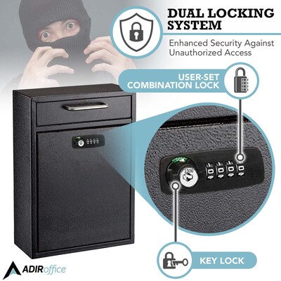 AdirOffice Steel Locking Wall Mounted Drop Box Interoffice Mailbox with Key and Combination Lock , Black (631-04-BLK-KC-PKG)