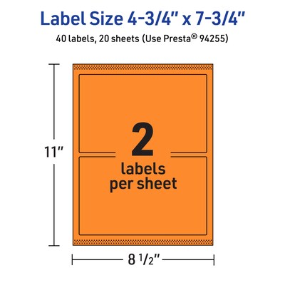 Avery Rectangle Multipurpose Labels, 4.75" x 7.75", Bright Orange, 40/Pack (94255)