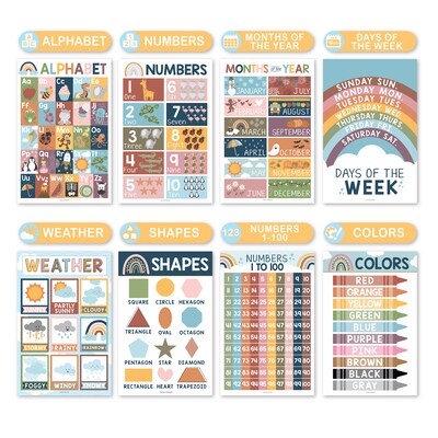 Hadley Designs 17" x 11" Boho Preschool Educational Posters For Toddlers, Laminated, 16/Set (HDDX004ACJZND)