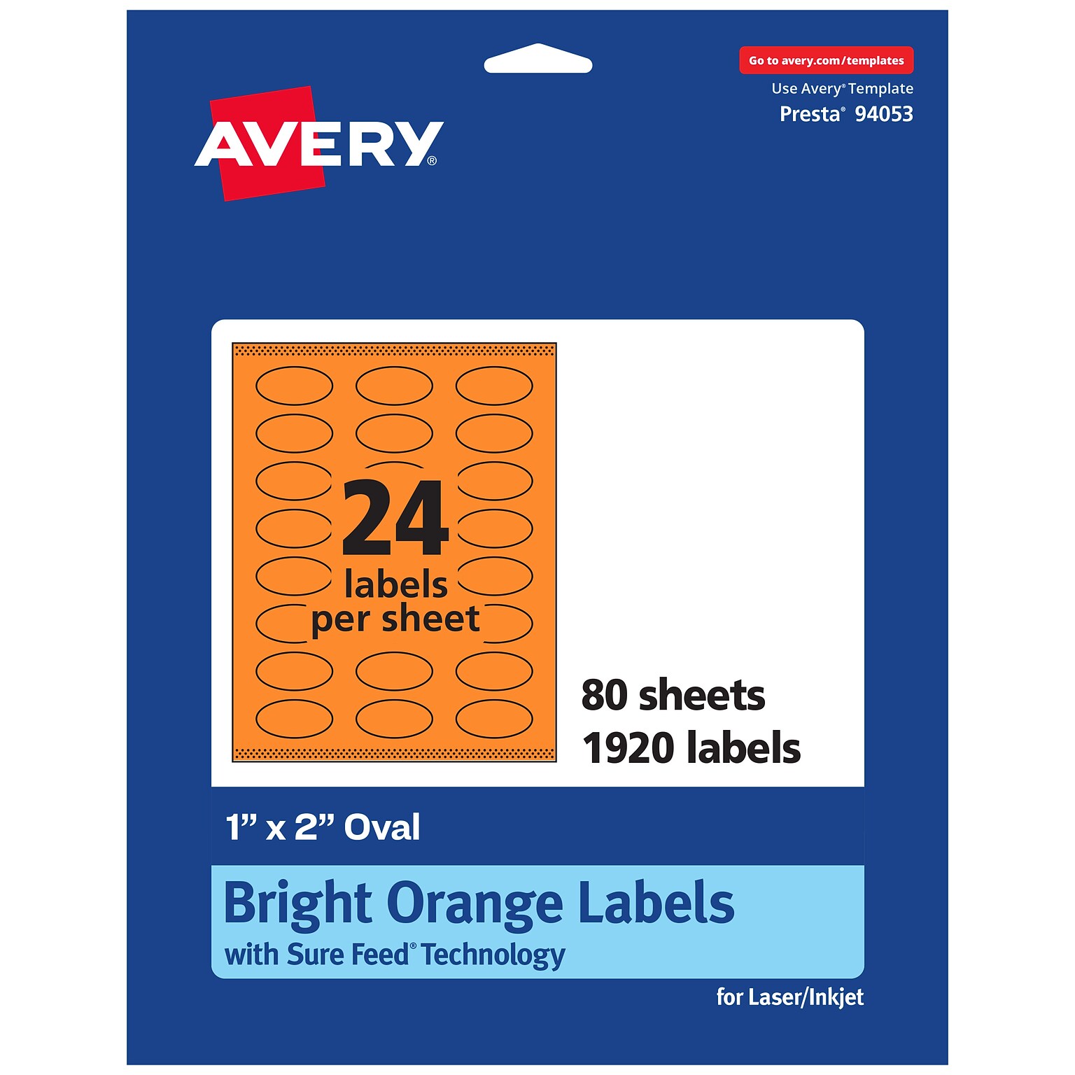 Avery Laser/Inkjet Multipurpose Oval Labels, 1 x 2, Bright Orange, 1920/Box (94053)