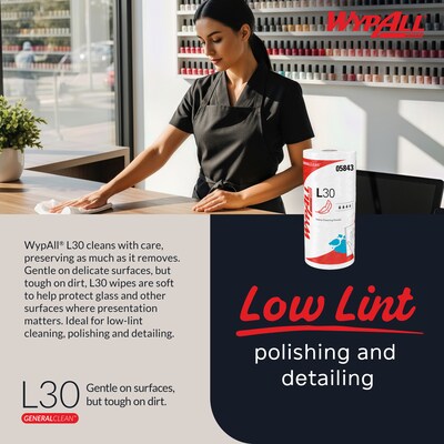 WypAll GeneralClean L30 Durable Fibers Cleaning Wipers, 11" x 10.4", White, 70 Sheets/Roll, 24/Carton (05843)