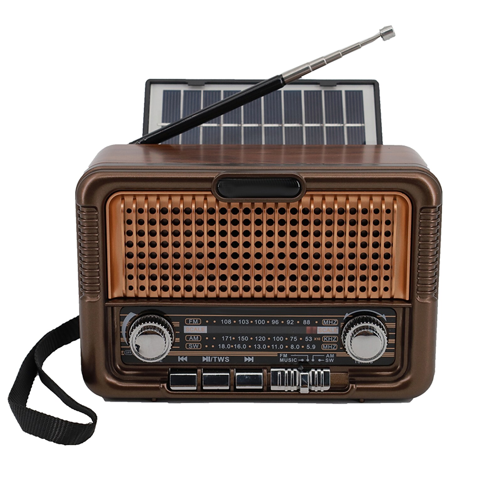 QFX True Wireless Retro-Style Portable Bluetooth AM/FM/Shortwave Radio with Solar Panel, Brown (R-50)