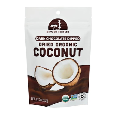 Mavuno Harvest Organic Dried Coconut Dipped in Dark Chocolate Fruit Snacks, 3 oz., 6 Bags/Pack (MAHW-CCN36PK)