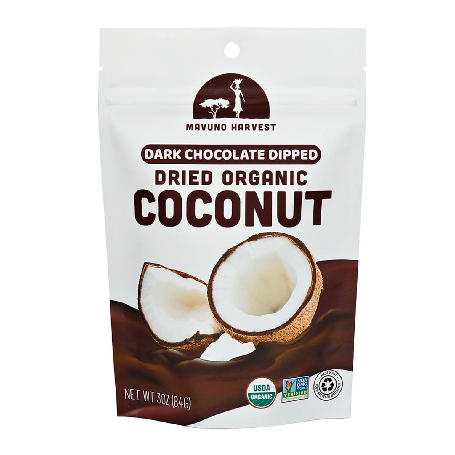 Mavuno Harvest Organic Dried Coconut Dipped in Dark Chocolate Fruit Snacks, 3 oz., 6 Bags/Pack (MAHW-CCN36PK)
