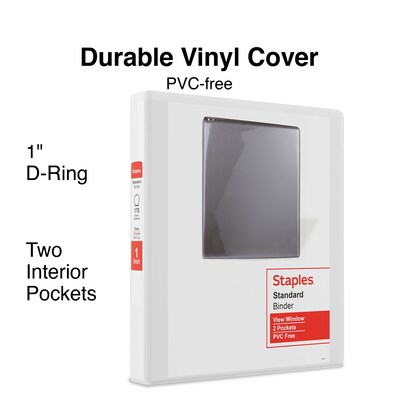 Staples® Standard 1" 3 Ring View Binder with D-Rings, White, 12/Pack (26432CT)