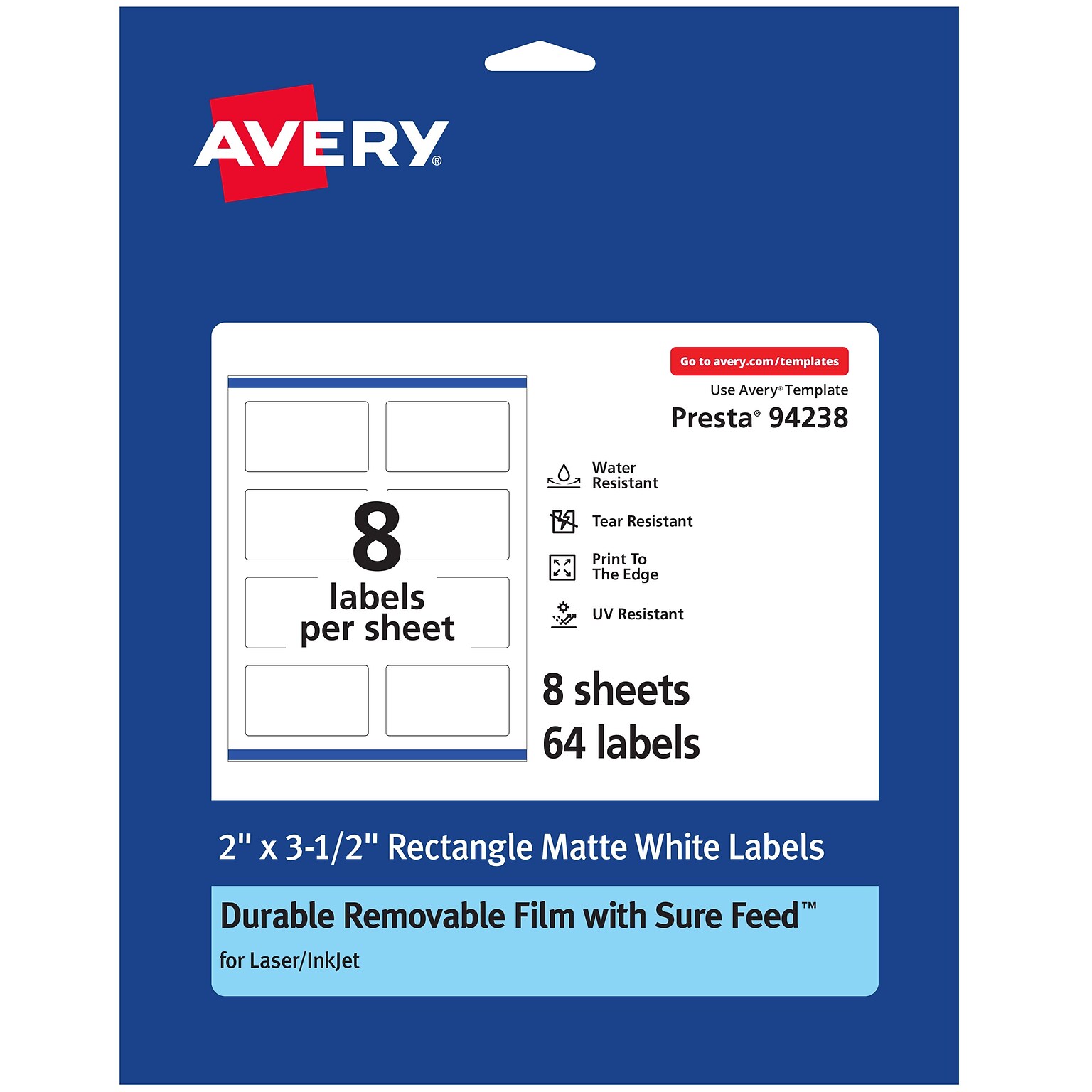 Avery Laser/Inkjet Rectangle Multipurpose Labels, Matte White, 64 Labels/Pack (94238)
