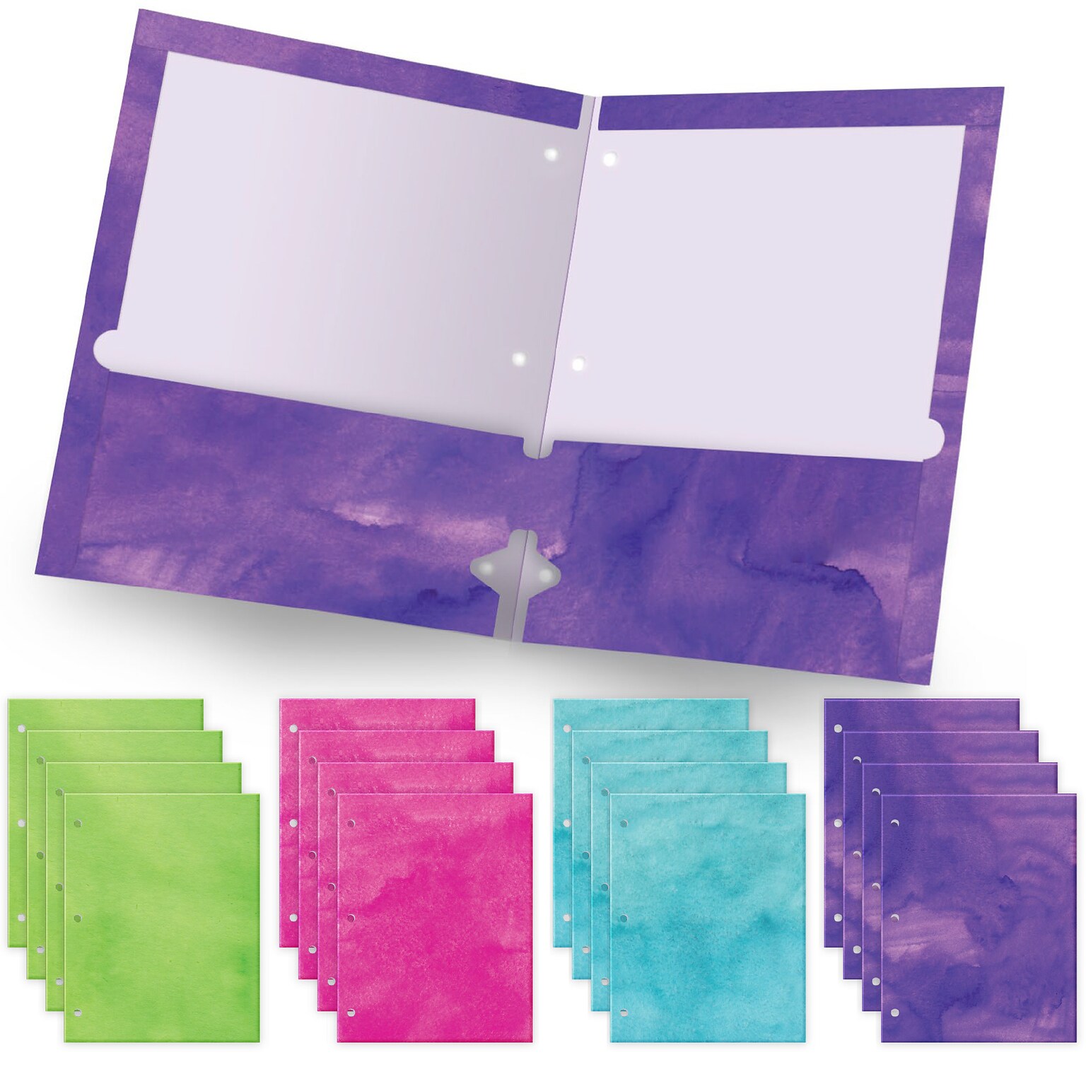Global Printed Products Watercolor Solids 3-Hole Punched 2 Pocket Presentation Folder, Assorted Colors, 16/Pack (GPP-0100-F)