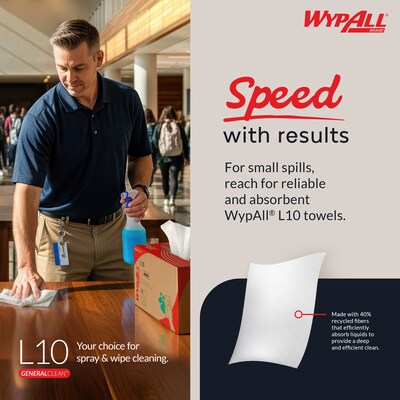 WypAll GeneralClean L10 Fabric Cleaning Wipers, 10.25" x 9", White, 110 Wipers/Box, 18/Carton (01772)