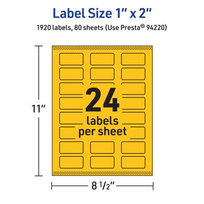 Avery Laser/Inkjet Rectangle Multipurpose Labels, 1" x 2", Bright Yellow, 1920/Box (94220)