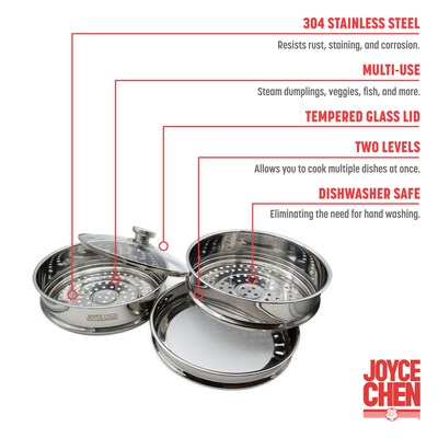Joyce Chen 2-Tier Stainless Steel Steamer with Vented Glass Lid & Wok Adapter Ring, 10" (ESCLJ262510)