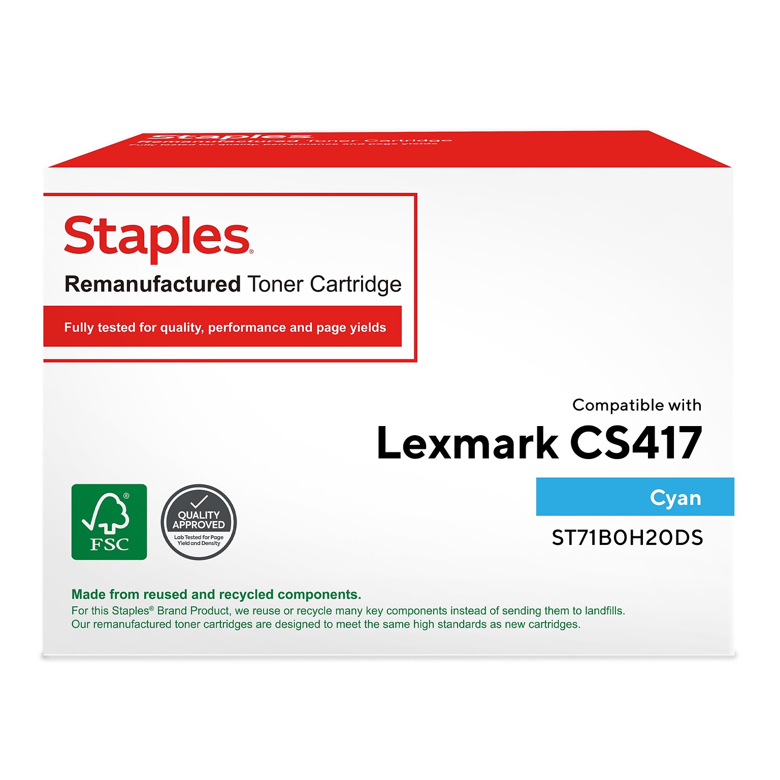 Staples Remanufactured Cyan High Yield Toner Cartridge Replacement for Lexmark (TR71B0H20DS/ST71B0H20DS)