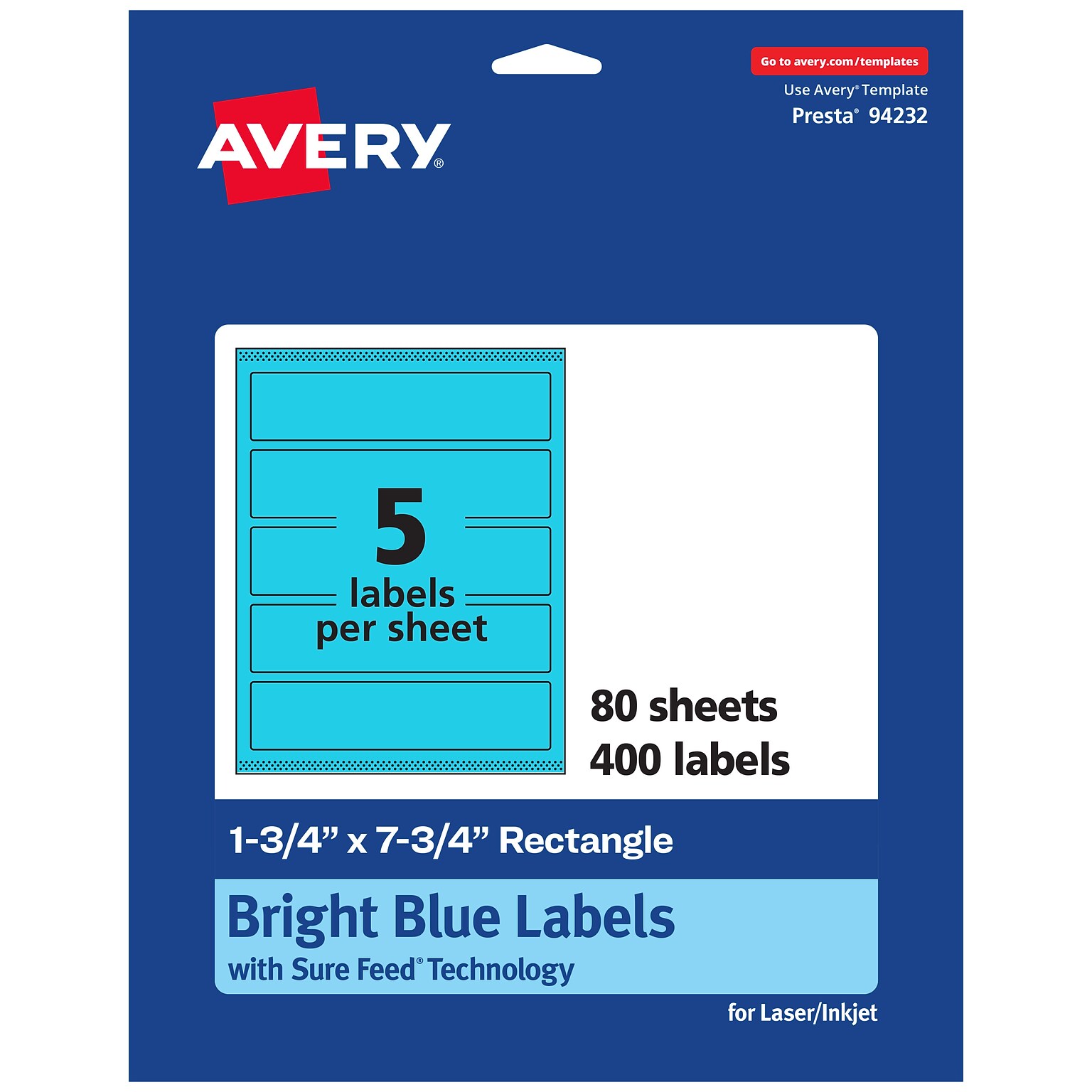 Avery Laser/Inkjet Multipurpose Rectangle Labels, 1.75 x 7.75, Bright Blue, 400/Box (94232)