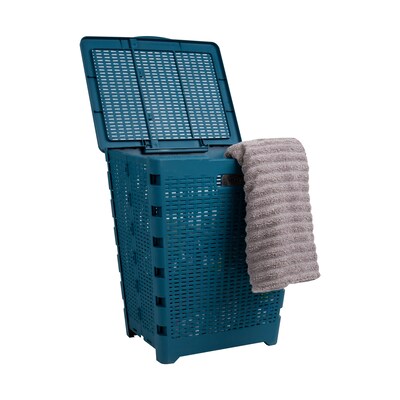 Mind Reader Basket Collection 16.11-Gallon Collapsible Laundry Hamper with Lid, Plastic, Blue (FOLHAMP61-BLU)