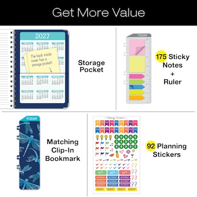 2026-2027 Excello Brands 8" x 5.5" Academic Weekly & Monthly Planner, Paperboard Cover, Dragonflies (FSHN-AY26-58-59)