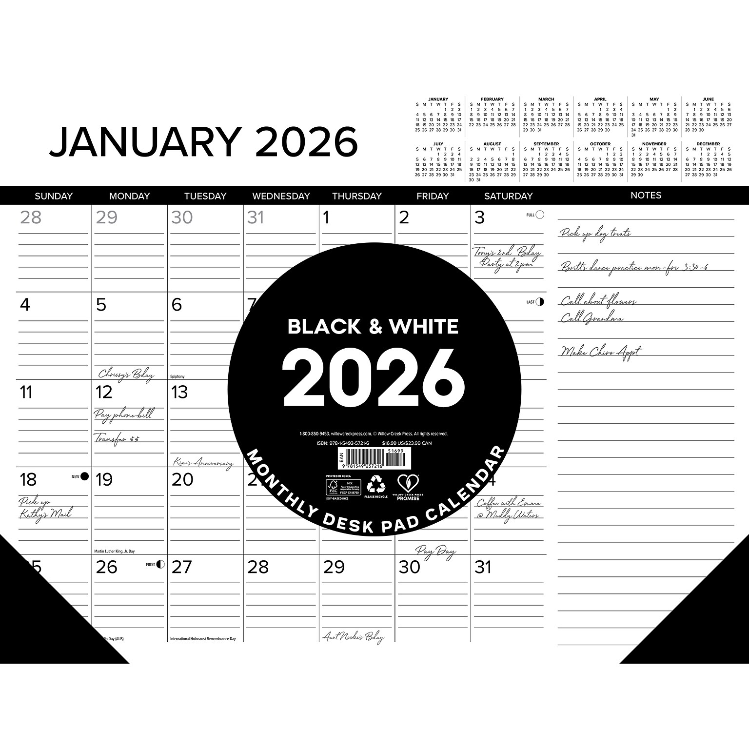 2026 Willow Creek 22 x 17 Monthly Desk Pad Calendar, Black/White (57216)