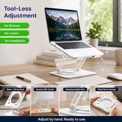 Uncaged Ergonomics Adjustable Swivel Laptop Stand for Desk, Steel, 360° Rotation, Up to 16", White