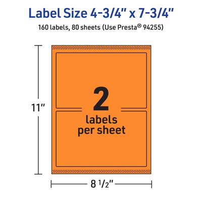 Avery Rectangle Multipurpose Labels, 4.75" x 7.75", Bright Orange, 160/Box (94255)