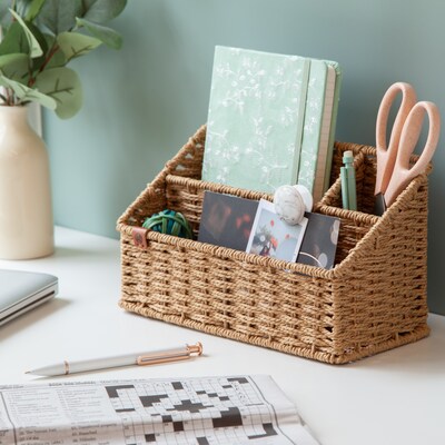 U Brands Woven 3-Compartment Paper Rope/Metal Desk Organizer, Brown (6086U01-04)