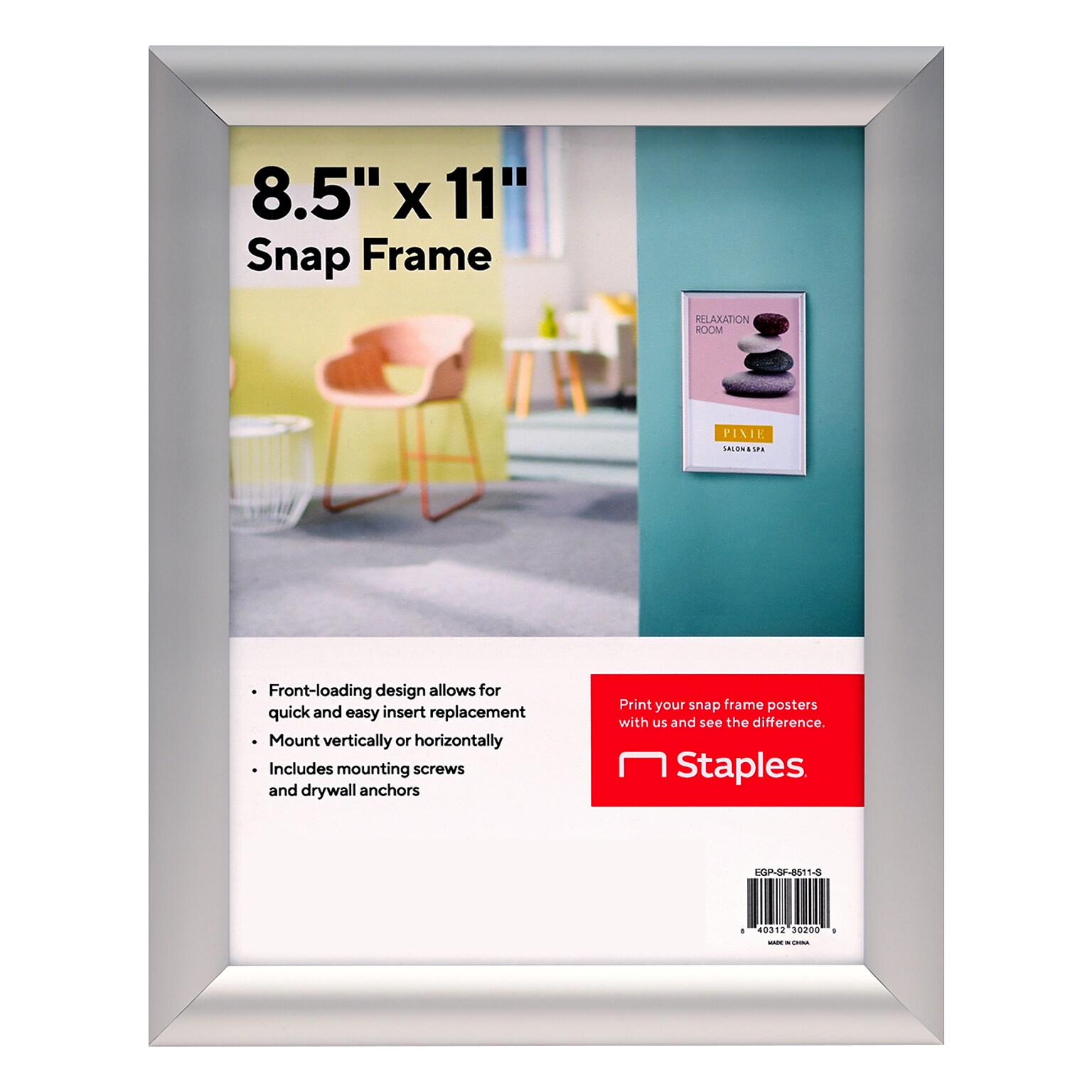 Staples Snap Frame Poster Holder, 8.5 x 11, Wall Mounted, Silver Aluminum (EGP-SF-8511-S)