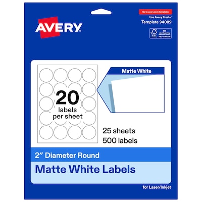 Avery Round Laser/Inkjet Multipurpose Labels, 2 Round, White, 20 Labels/Sheet, 25 Sheets/Pack (19479311283)