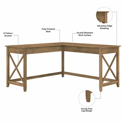 Bush Furniture Key West 60"W L Shaped Desk with 2 Drawer Mobile File Cabinet and 5 Shelf Bookcase, Reclaimed Pine (KWS016RCP)