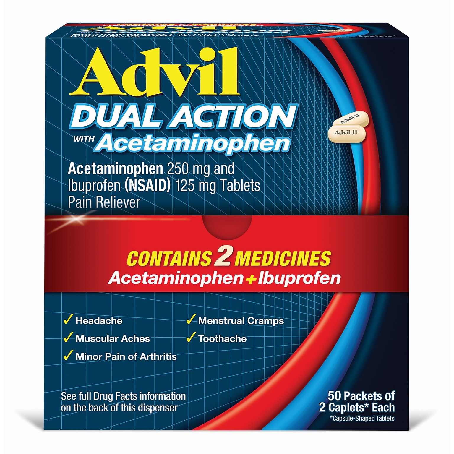 Advil Dual Action 250mg Acetaminophen/125mg Ibuprofen Caplets, 2/Packet, 50 Packets/Box (014795)