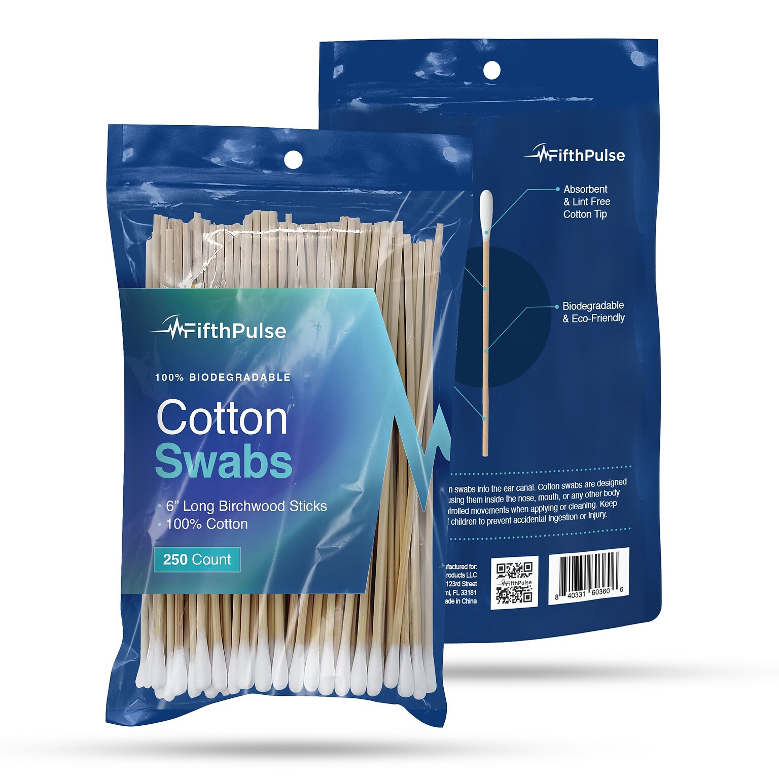 FifthPulse 100% Natural Eco-friendly 6 Cotton Swabs Sticks Made with Birch Wood Non Sterile Cotton Tip, 250 Pack (FMN100682)