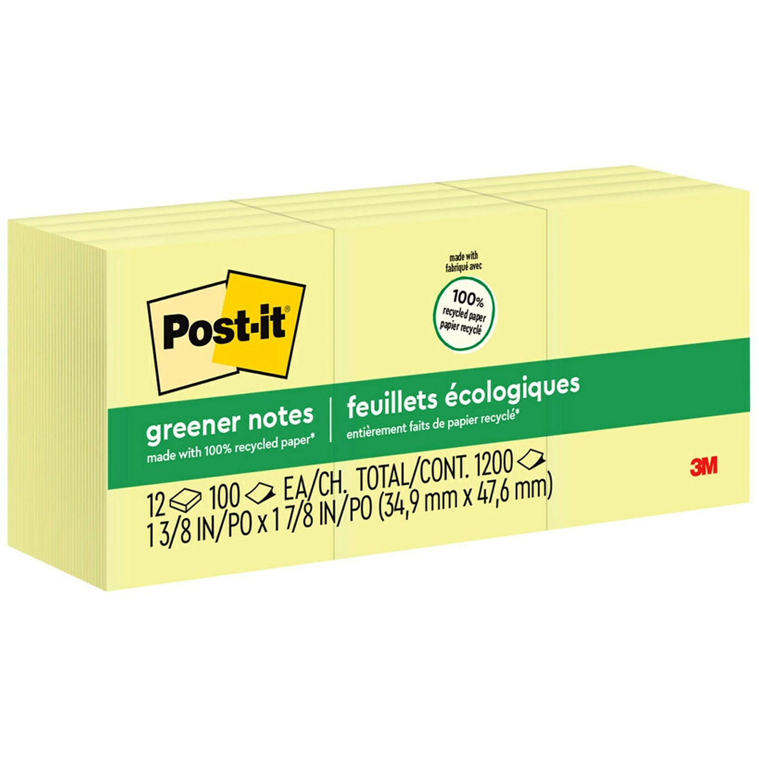 Post-it Recycled Notes, 1 3/8 x 1 7/8, Canary Collection, 100 Sheet/Pad, 12 Pads/Pack (653RPYW)