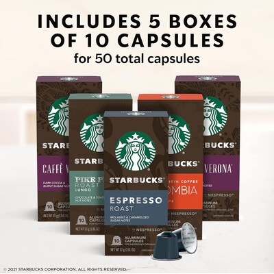 Nespresso Starbucks Original Line Coffee, Variety Pack, 50 Capsules/Box (109045)