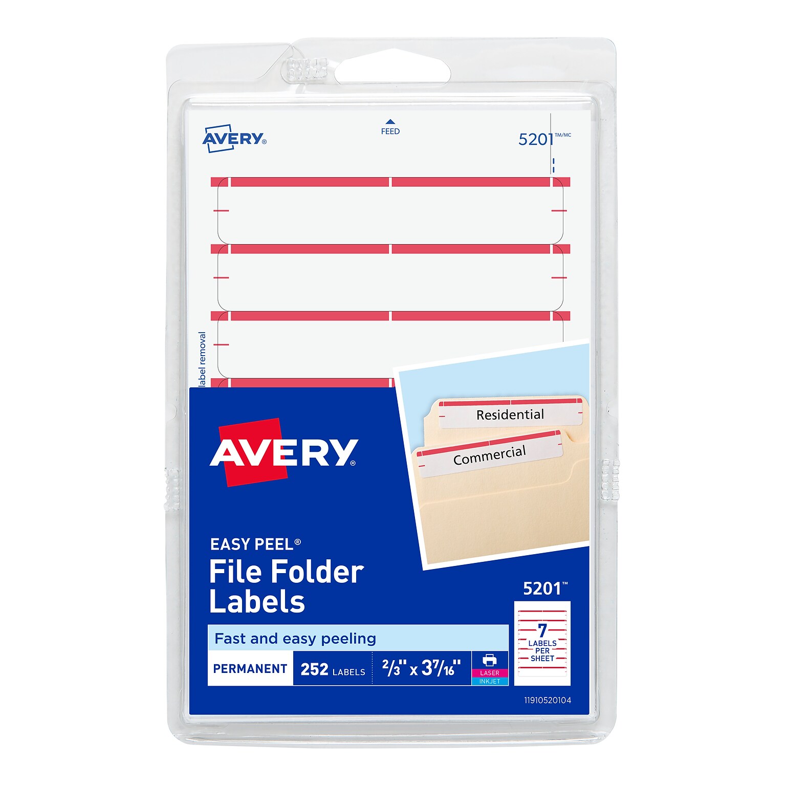 Avery Easy Peel Laser/Inkjet File Folder Labels, 2/3 x 3-7/16, White/Red, 252 Labels/Pack (5201)