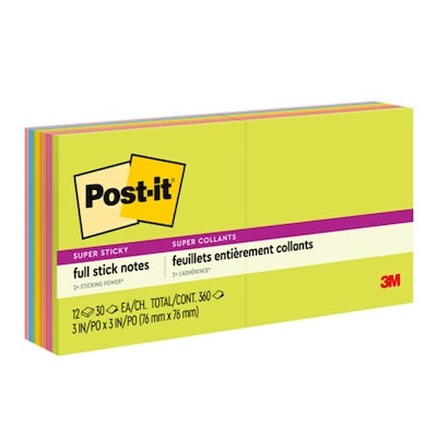 Post-it Full Adhesive Notes, 3 x 3, Energy Boost Collection, 25 Sheet/Pad, 12 Pads/Pack (F33012SSAU)