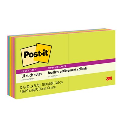 Post-it® Super Sticky Full Stick Notes, 3 x 3, Energy Boost Collection, 25 Sheets/Pad, 12 Pads/Pac